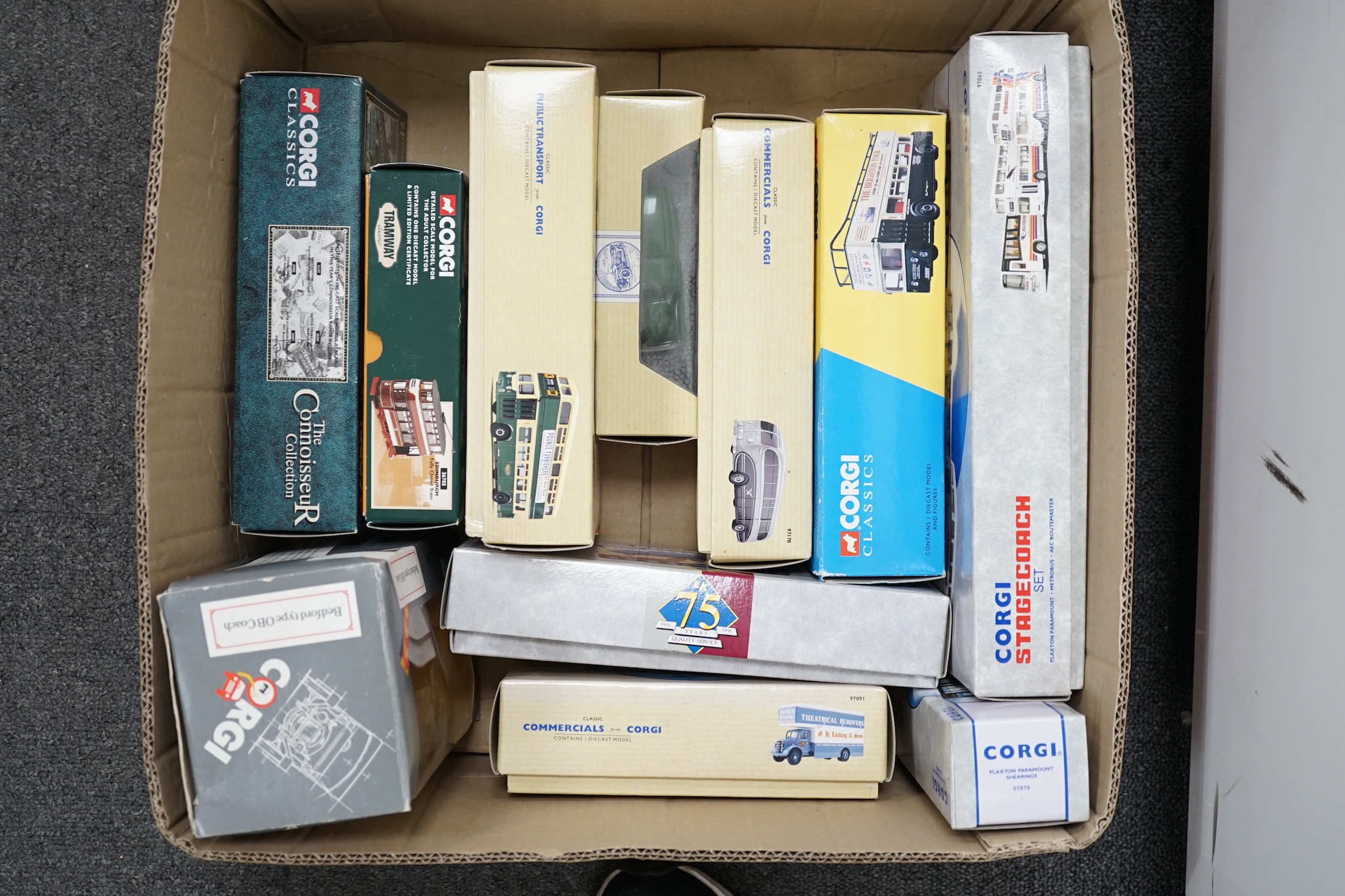 Thirty-three boxed Corgi Classics, etc. diecast buses, coaches and commercial vehicles, operators including; Timpsons, Liverpool, Post Office telephone van, Leeds City, Stagecoach, Maidstone & District, Southdown, etc.